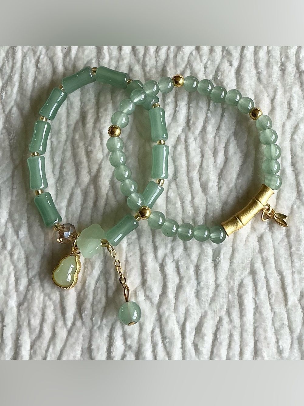Aqua Beaded Stretch Bracelets with Gold accents - Cute Charms (Pair)